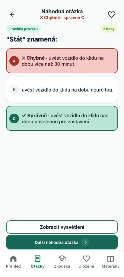 Vyhodnocená otázka se správnou a chybnou odpovědí